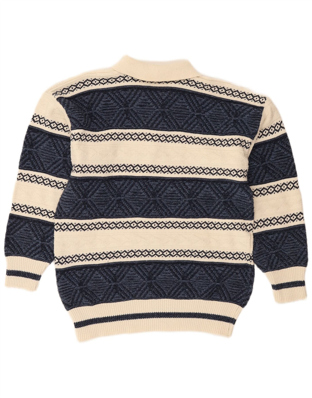 VINTAGE Pull col polo pour homme en coton Fair Isle bleu marine moyen