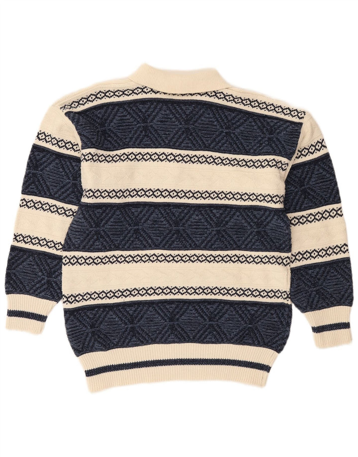 VINTAGE Pull col polo pour homme en coton Fair Isle bleu marine moyen