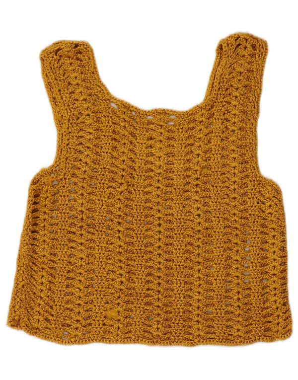 vintage Femmes Crop Sans Manches Crochet Blouse Top UK 8 Petit Jaune