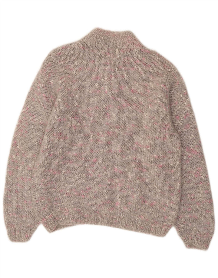 VINTAGE Femme Bouton Neck Jumper Pull UK 14 Grand Gris Moucheté