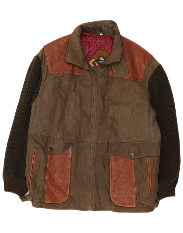 veste en cuir tricoté vintage pour hommes UK 42 XL Kaki Colourblock Classic