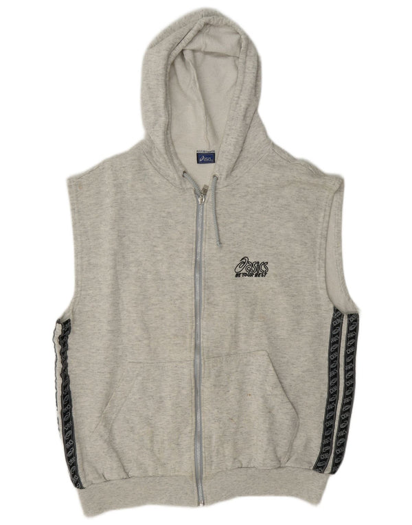 Asics Sweat à capuche zippé sans manches graphique pour hommes, grand gris color block