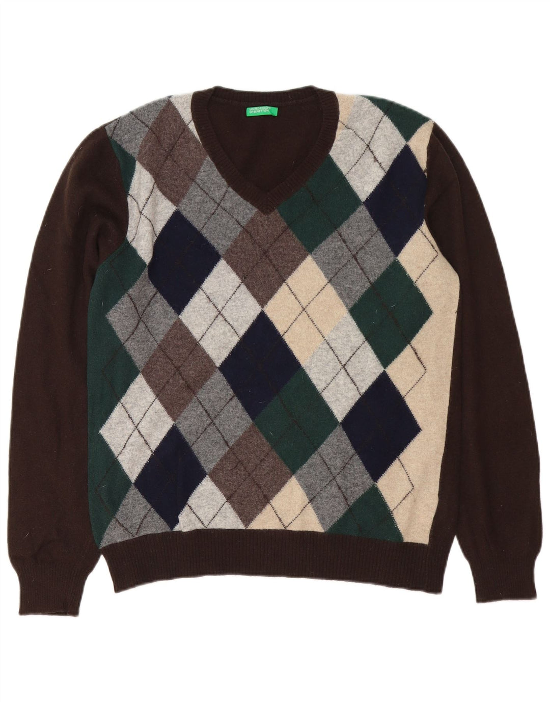 Benetton Pull col V Homme Marron Moyen Argyle/Diamant Laine