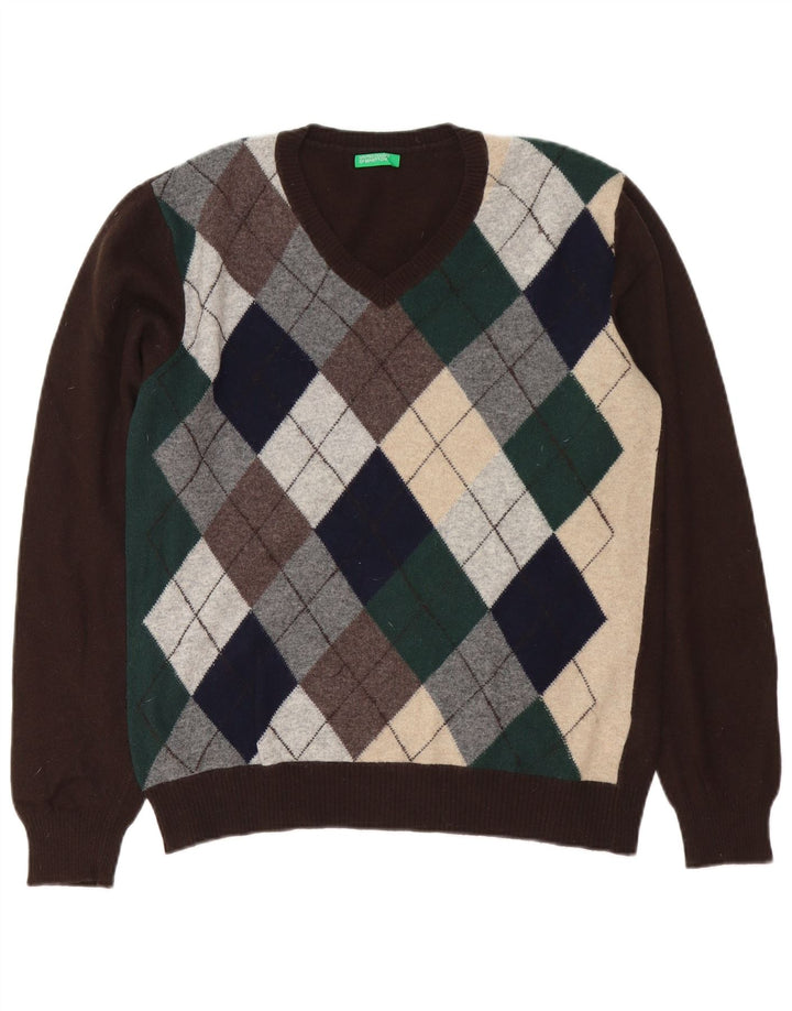 Benetton Pull col V Homme Marron Moyen Argyle/Diamant Laine
