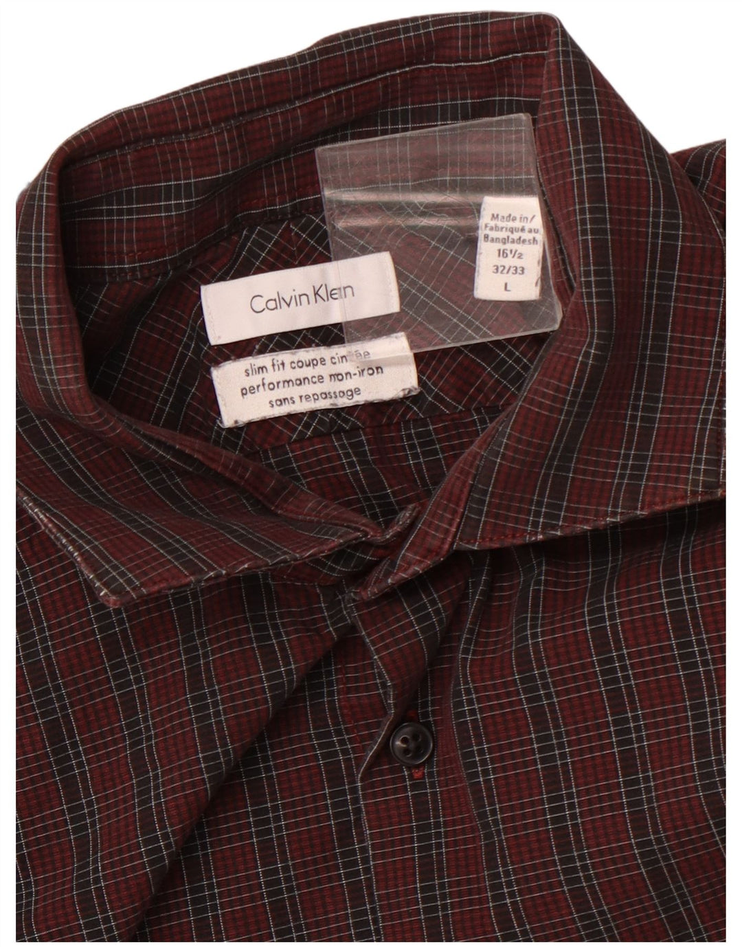 CALVIN KLEIN Chemise en flanelle coupe slim pour homme Taille 16 1/2 Grand carreaux bordeaux
