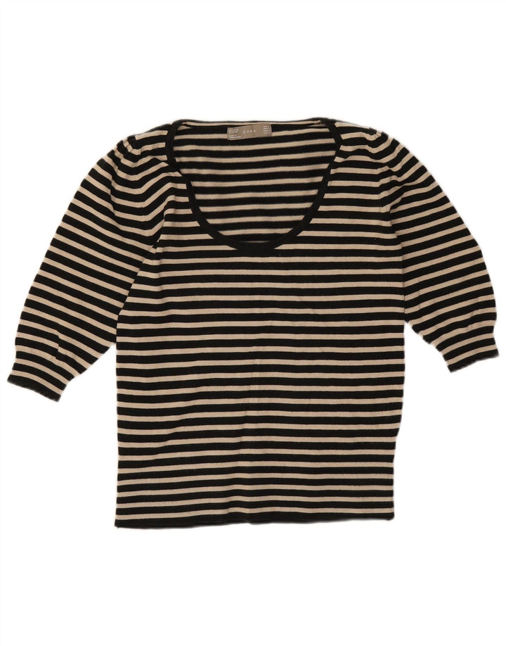 Zara Femme Top Manches 3/4 UK 12 Coton Rayé Noir Moyen