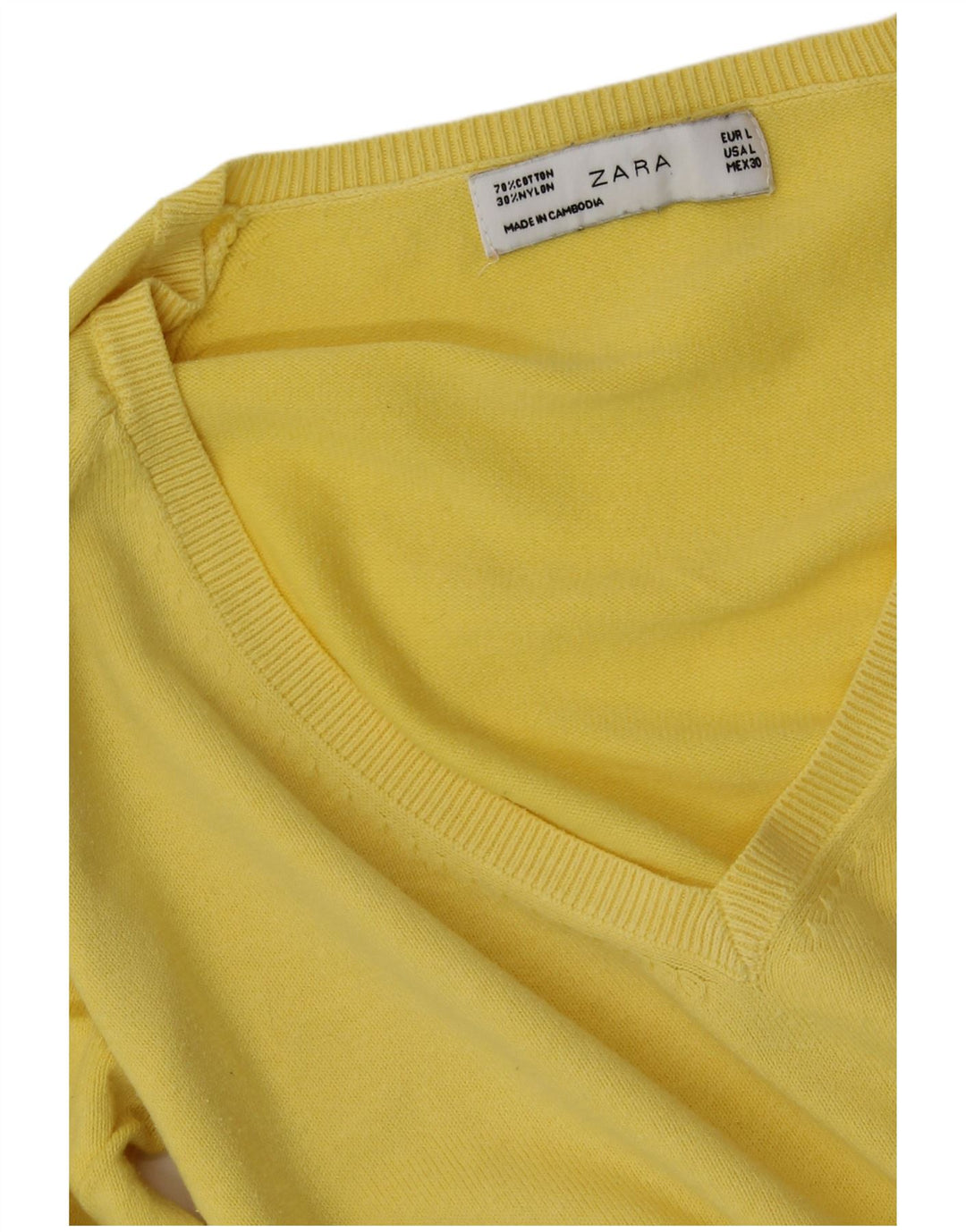 ZARA Pull col en V pour femme UK 14 Large Jaune Coton