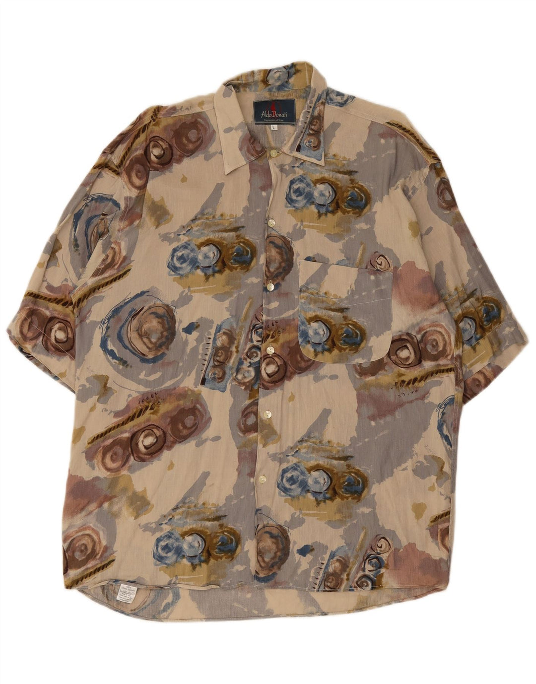 vintage Mens Abstract Pattern Chemise à manches courtes Grand Lin Beige