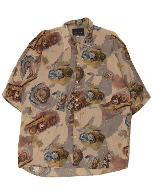 Vintage Mens Abstract Pattern Short Sleeve Shirt Large Beige Linen