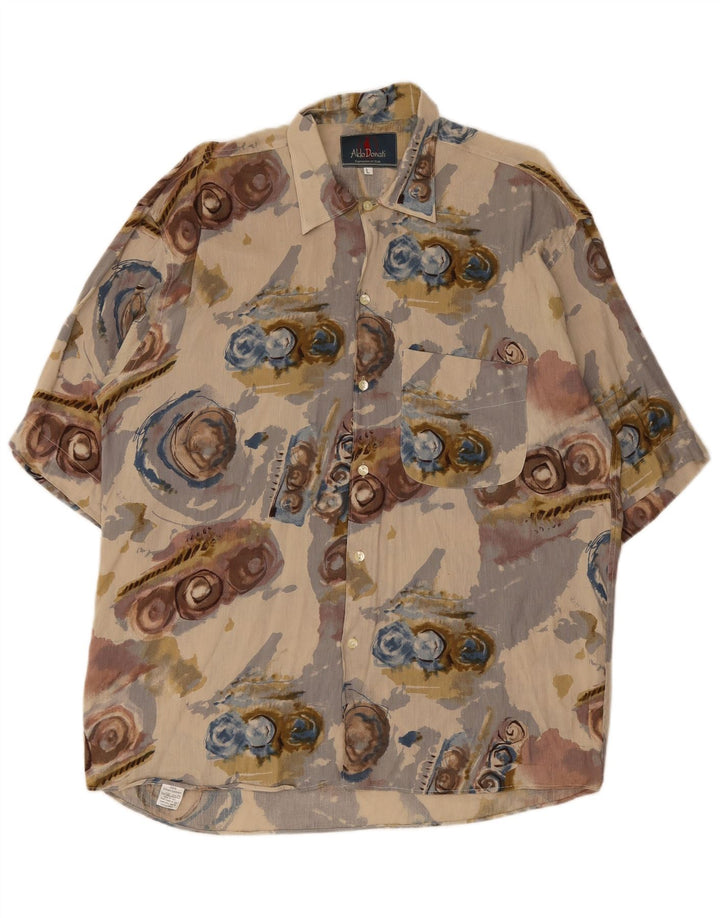vintage Mens Abstract Pattern Chemise à manches courtes Grand Lin Beige