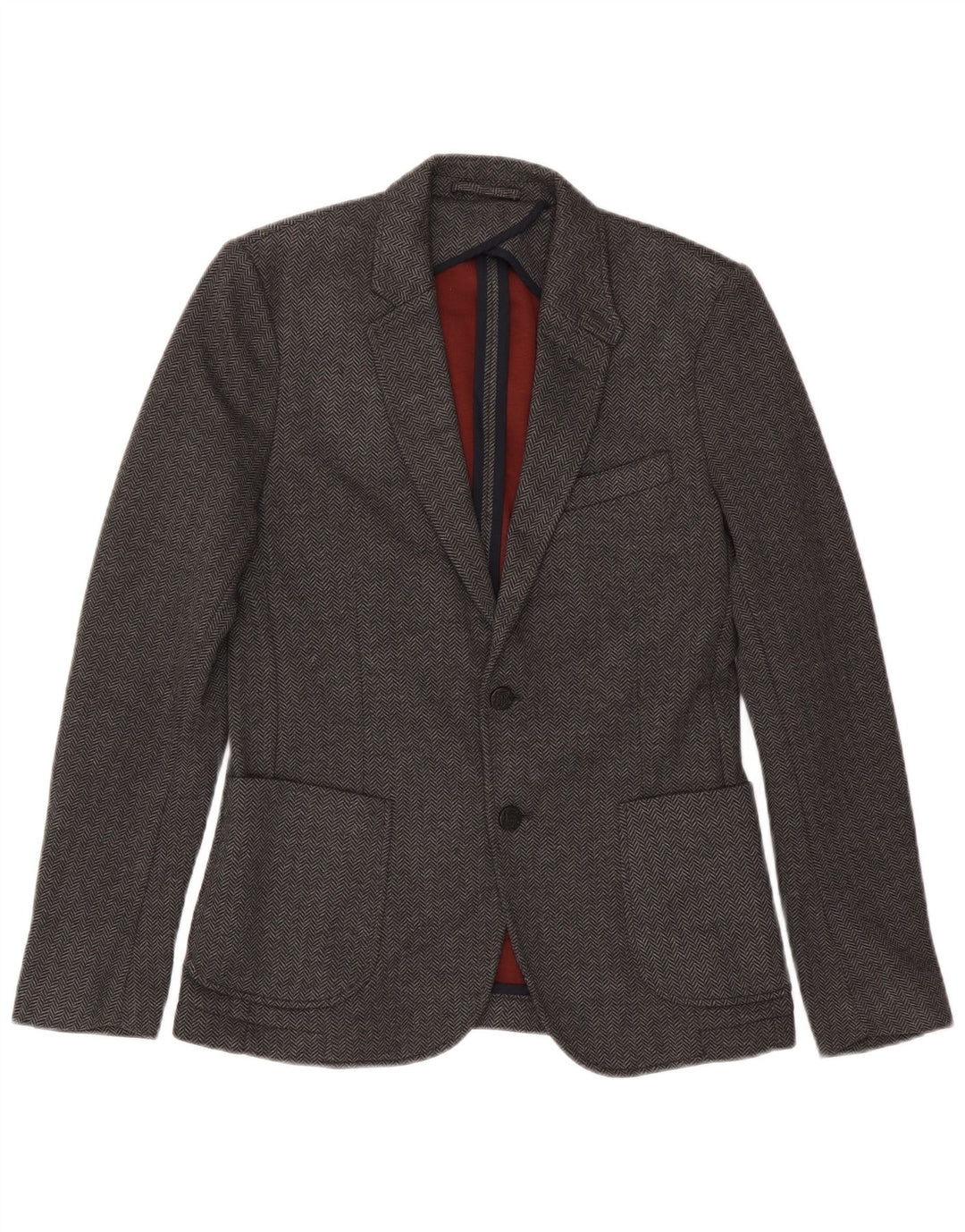 Zara Veste Blazer 2 Boutons Homme EU 46 Petit Gris Chevrons Polyester