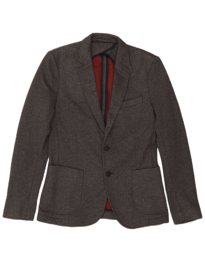 Zara Veste Blazer 2 Boutons Homme EU 46 Petit Gris Chevrons Polyester