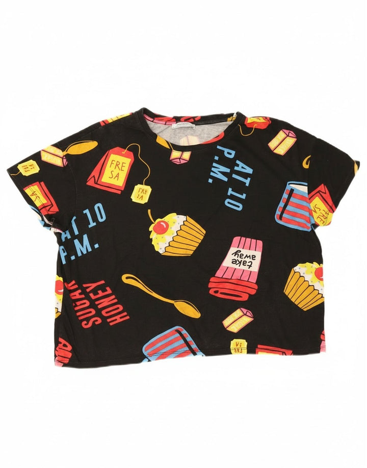 Zara Womens Crop Oversize Graphic T-Shirt Top UK 14 Noir Moyen