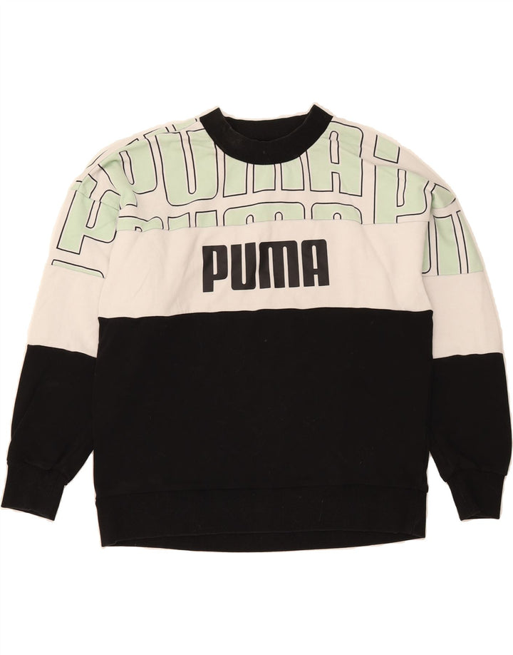 PUMA Womens Graphic Sweatshirt Jumper UK 14 Medium Black Colourblock Vintage Puma and Second-Hand Puma from Messina Hembry 
