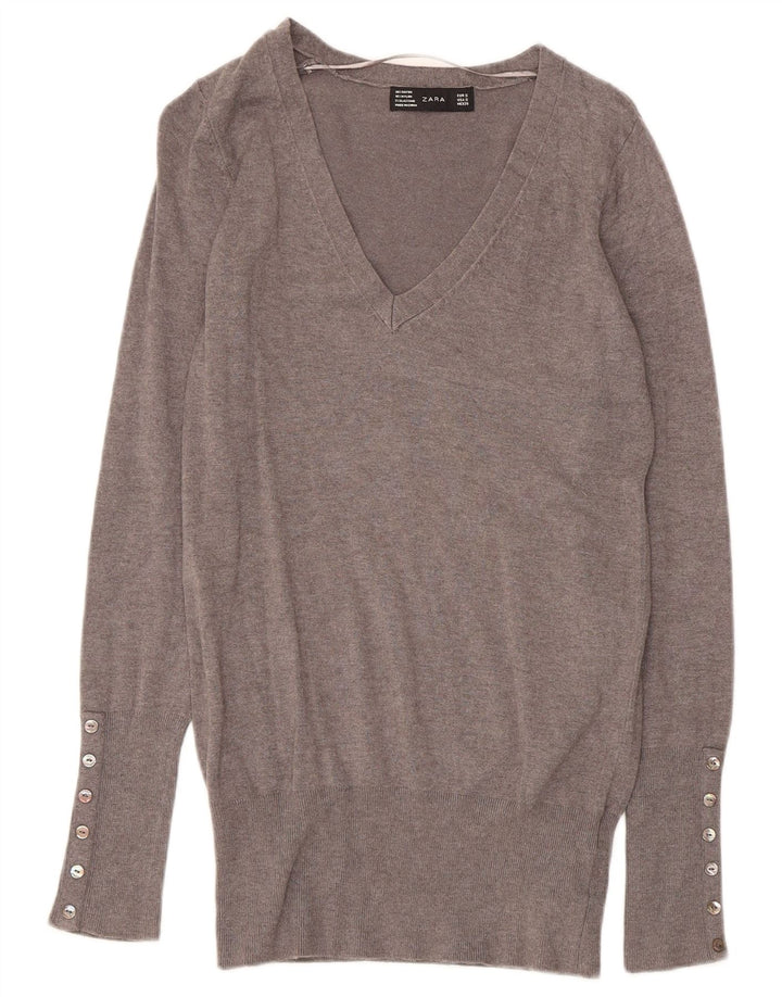 Zara Pull col V pour femme UK 10 Petite Rayonne Grise