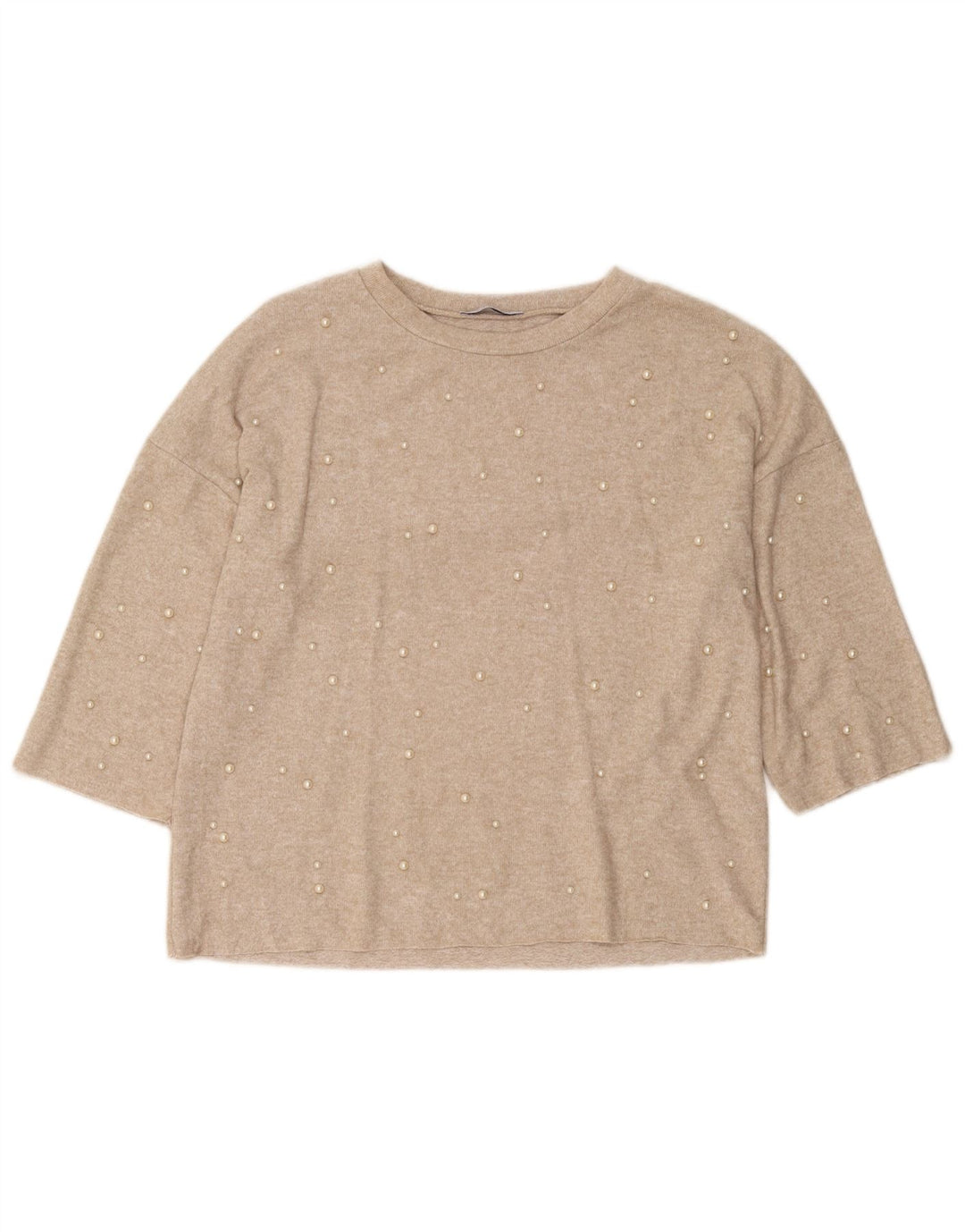 Zara Femme Trafaluc Pull Top Manches 3/4 UK 10 Petit Beige Moucheté