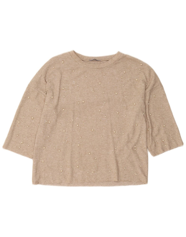 Zara Femme Trafaluc Pull Top Manches 3/4 UK 10 Petit Beige Moucheté