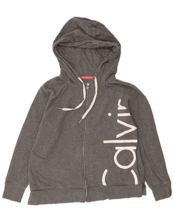 Calvin Klein Pull à capuche zippé graphique pour femme UK 16 Grand coton gris