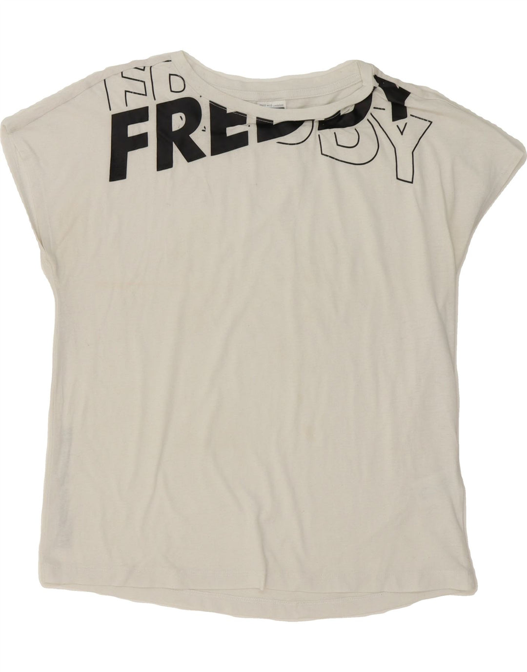 FREDDY Womens Oversized Graphic T-Shirt Top UK 10 Small  White Cotton Vintage Freddy and Second-Hand Freddy from Messina Hembry 