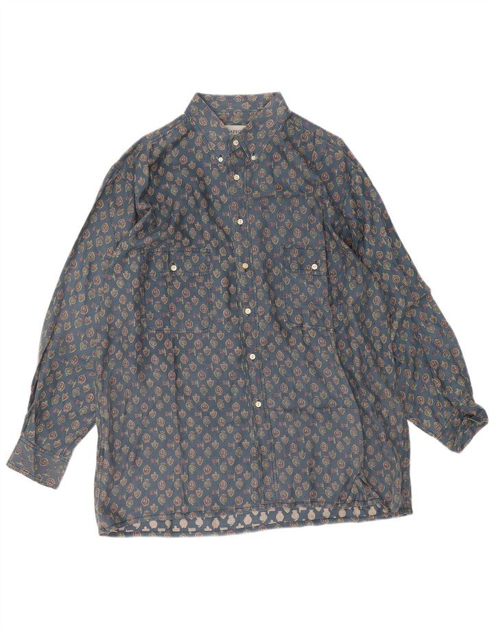 Vintage hommes motif abstrait chemise 2XL bleu géométrique soie