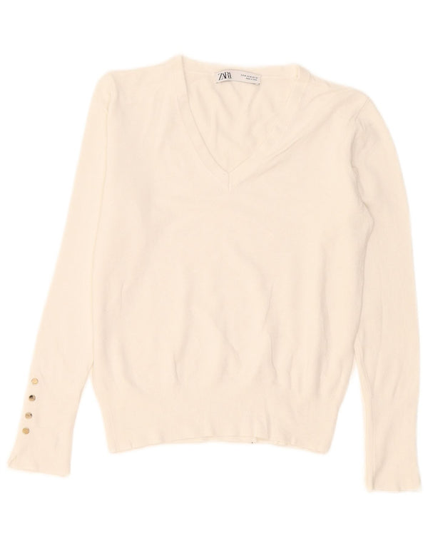 Zara Pull col V pour femme UK 12 Blanc moyen