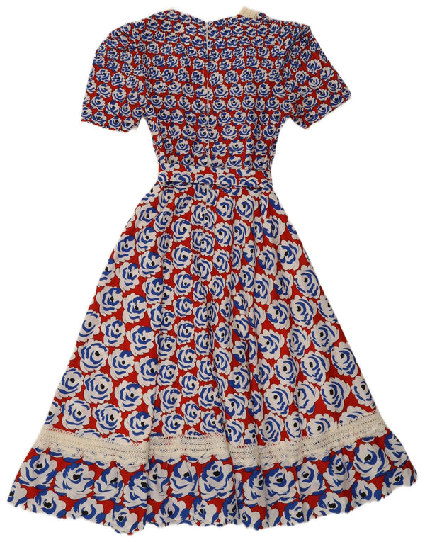vintage Femmes Maxi A-Line Robe UK 8 Petit Rouge Floral Rétro