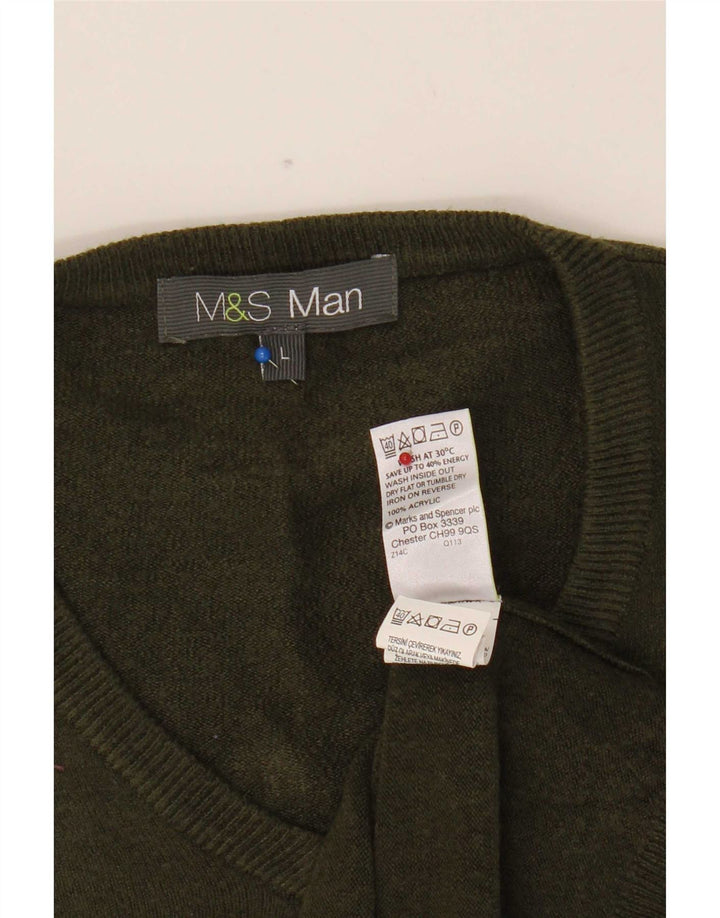 Marks & Spencer Pull col V pour homme, grand, kaki, acrylique