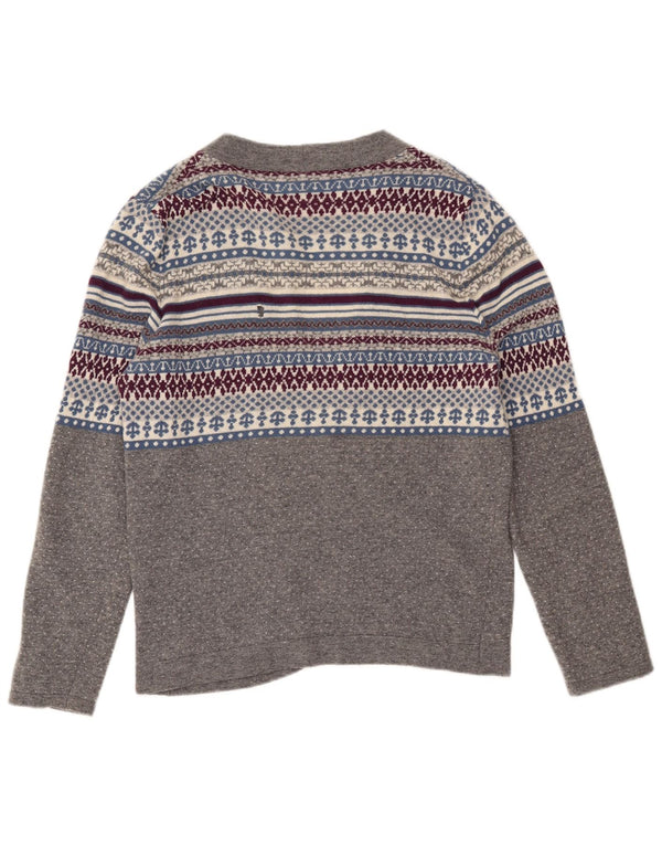 Benetton Pull Cardigan Femme UK 14 Gris Moyen Laine Fair Isle