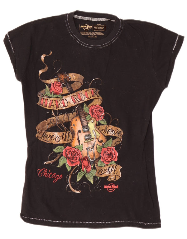 Hard Rock Cafe Chicago Graphic T-Shirt Top UK 8 Petit Coton Noir