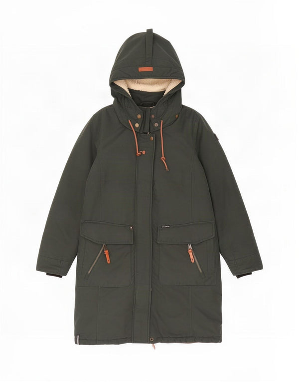 KHUJO Veste parka surdimensionnée à capuche Sherpa pour femme UK 10 Petit Kaki Coton