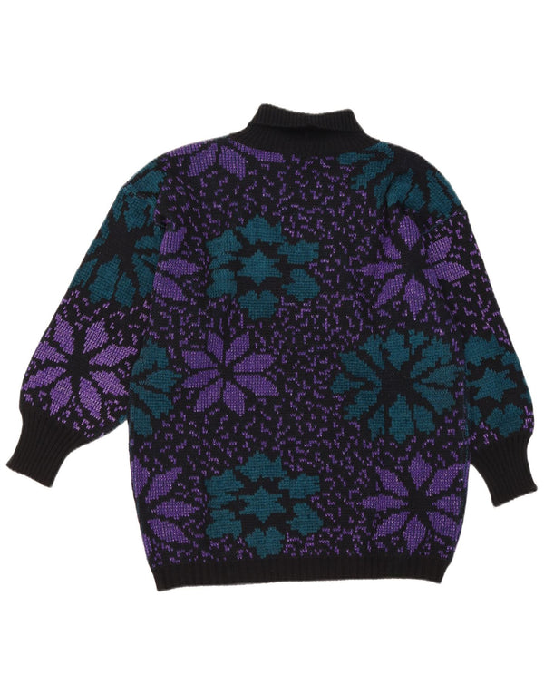 vintage Femmes Roll Neck Jumper Pull UK 16 Grand Noir Floral