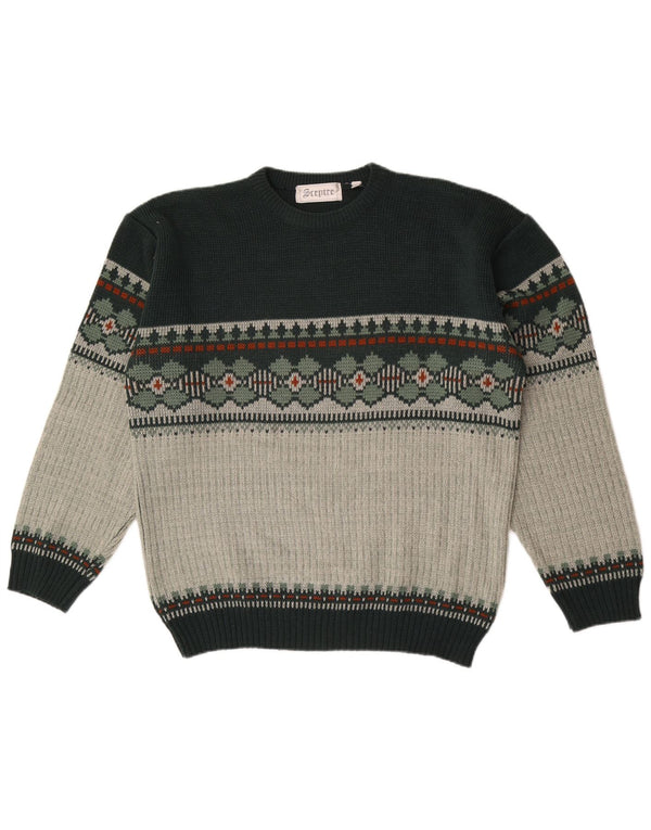 vintage Mens Crew Neck Jumper Pull Grand Vert Fair Isle Acrylique