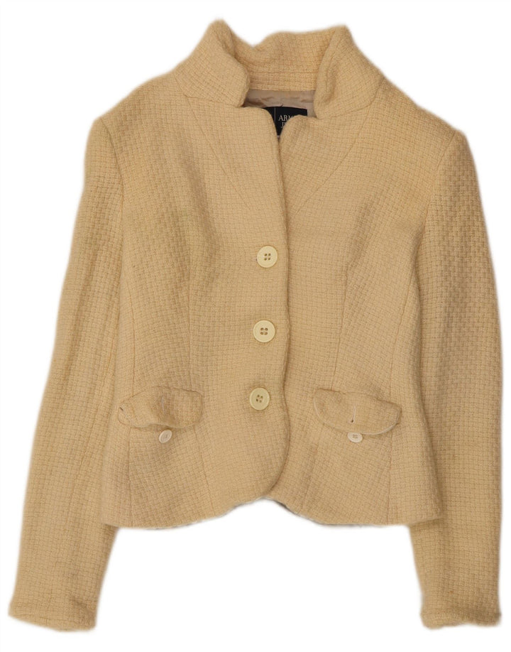 ARMANI JEANS Veste blazer courte à 3 boutons pour femme UK 12 Laine beige moyen