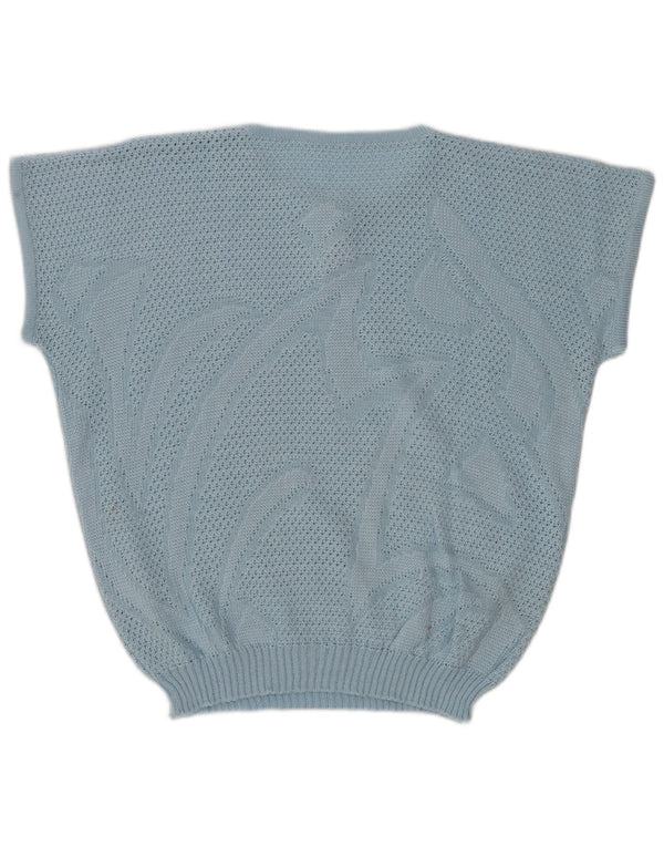 vintage Femmes Voir à travers Crew Neck Jumper Pull UK 14 Bleu Moyen