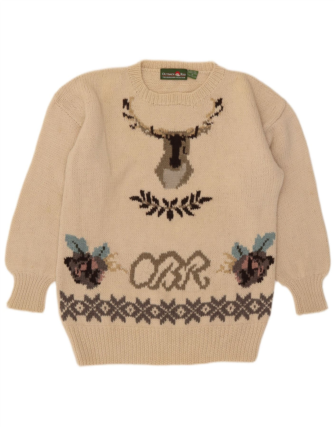 Outback Red Pull graphique à col rond pour homme Beige moyen Fair Isle