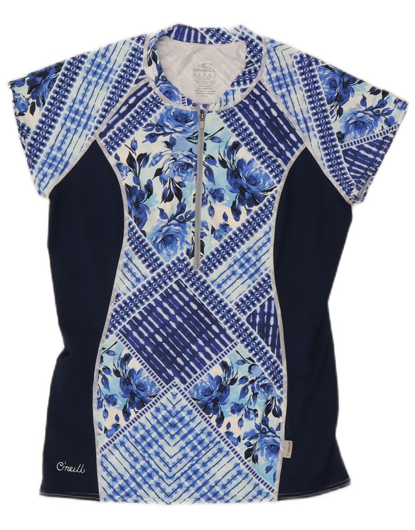 O'Neill T-shirt graphique à col zippé pour femme UK 14 Large Bleu marine Floral