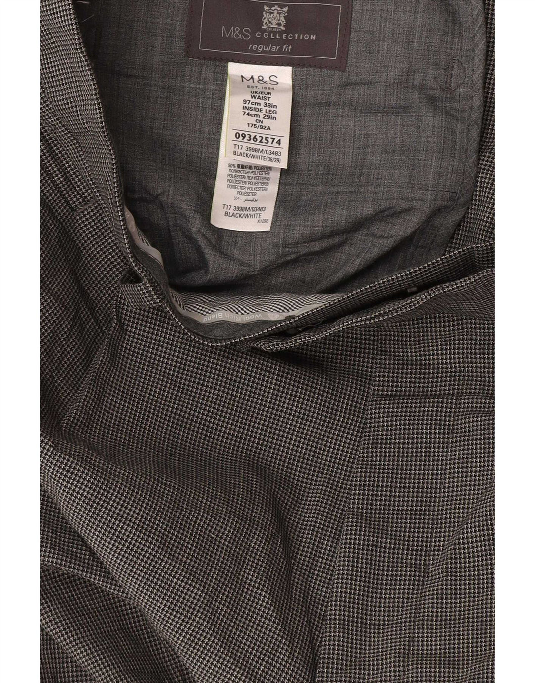 Marks & Spencer Pantalon de costume droit pour homme W38 L29 Gris pied-de-poule