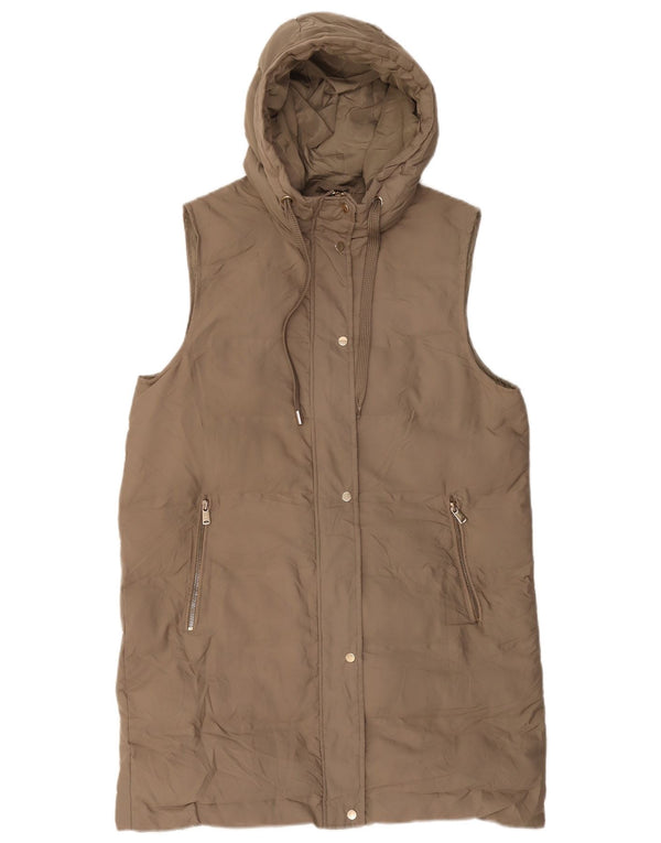 Gilet rembourré à capuche long pour femme ZARA UK 12 Polyester beige moyen
