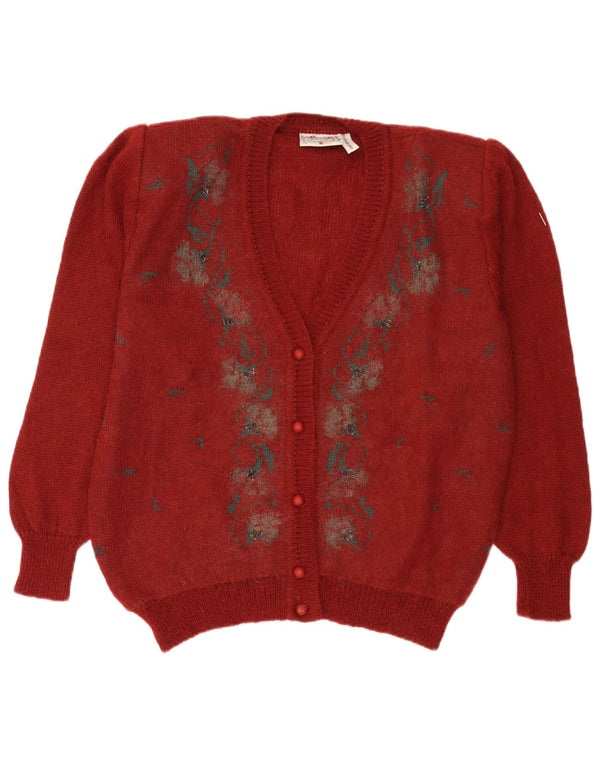 vintage Femme Cardigan Pull IT 50 XL Bourgogne Floral Mohair