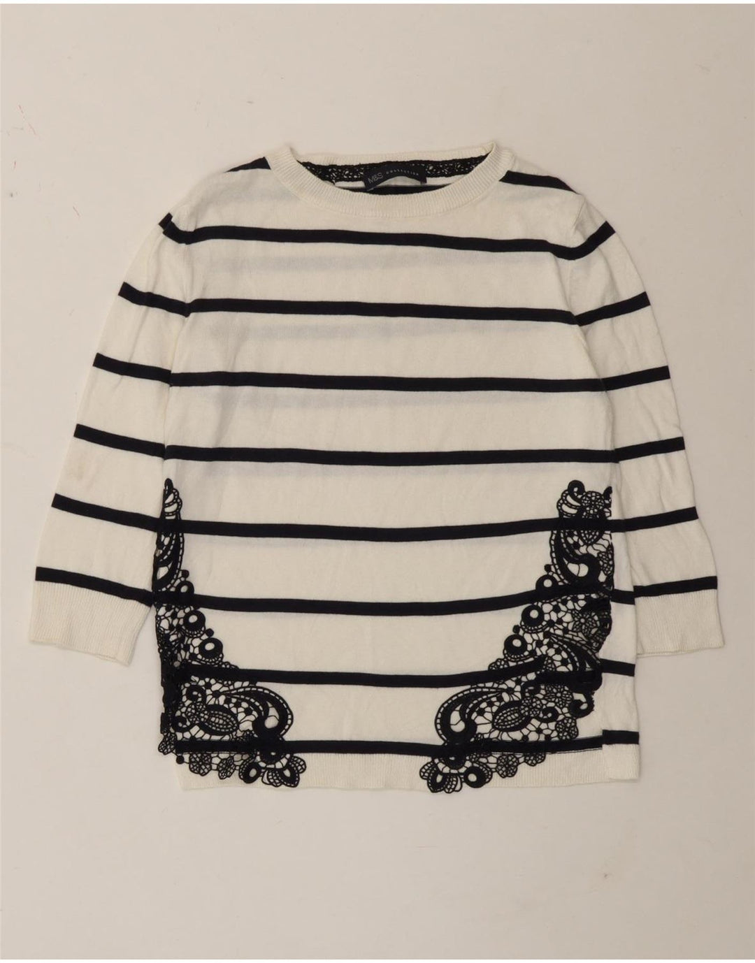 Marks & Spencer Haut à manches 3/4 pour femme UK 8 Petit coton rayé blanc