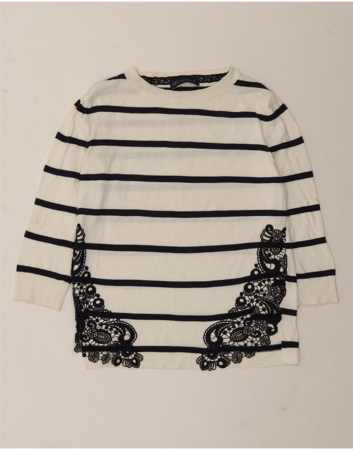 Marks & Spencer Haut à manches 3/4 pour femme UK 8 Petit coton rayé blanc