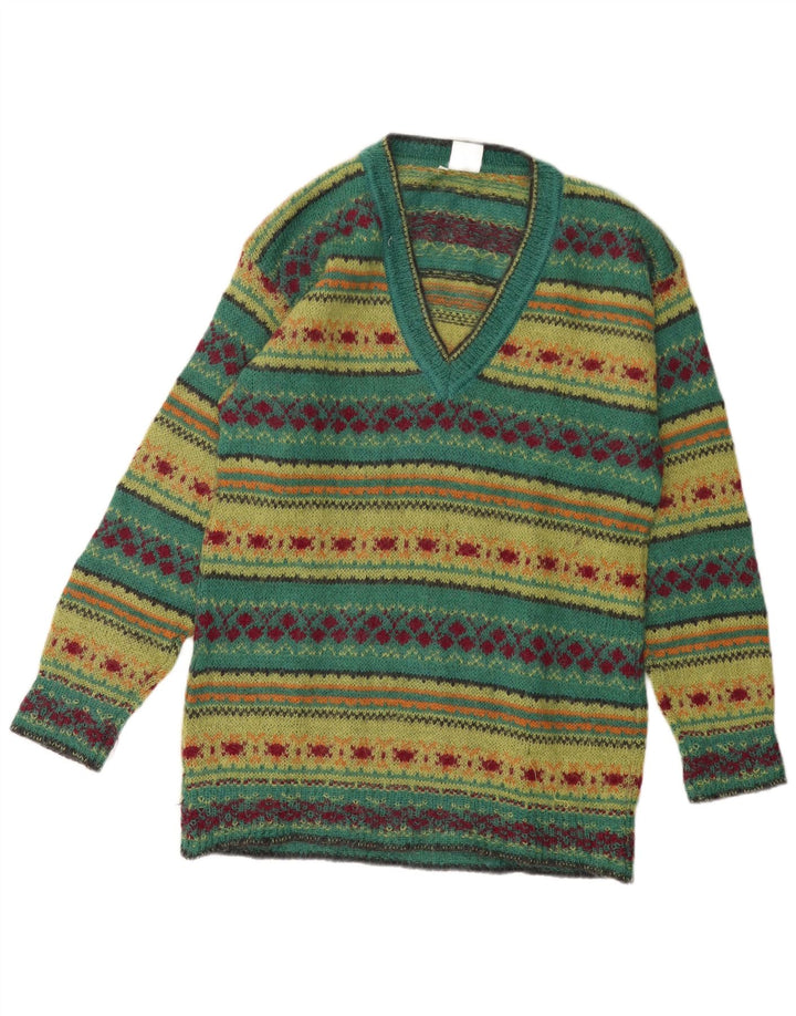 PIU VERONA Pull col en V pour femme UK 14 Vert moyen Fair Isle