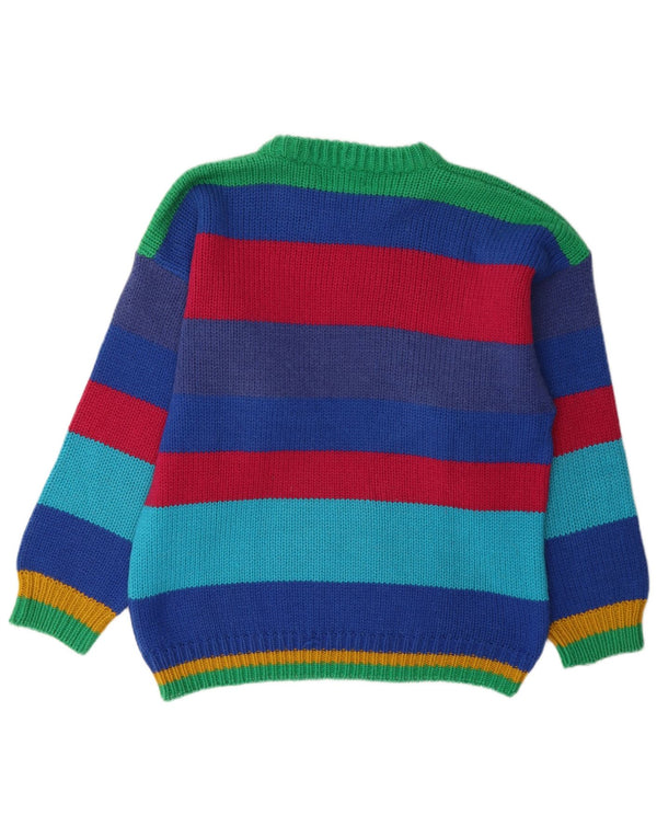 vintage Mens Graphic Crew Neck Jumper Pull Grand Rayé Multicolore