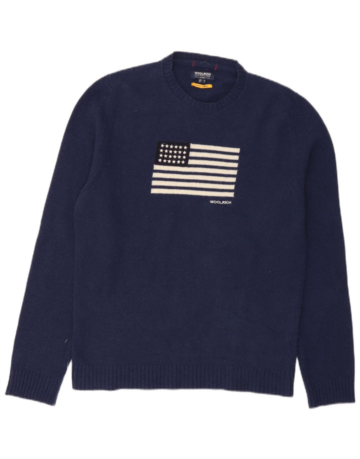 Woolrich Pull graphique à col rond pour homme Bleu marine moyen Laine USA