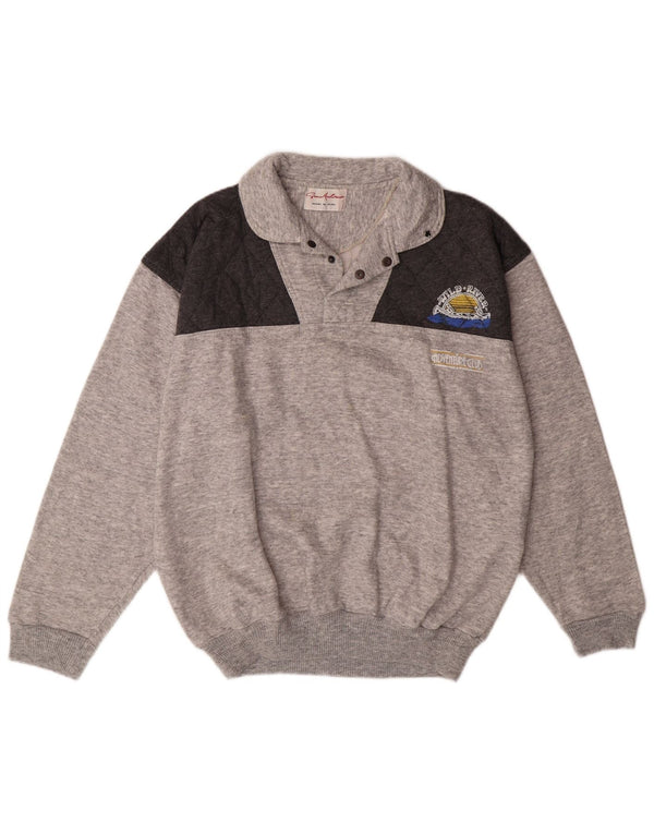 VINTAGE Homme Polo Neck Sweatshirt Jumper Grand Gris Colorblock Coton
