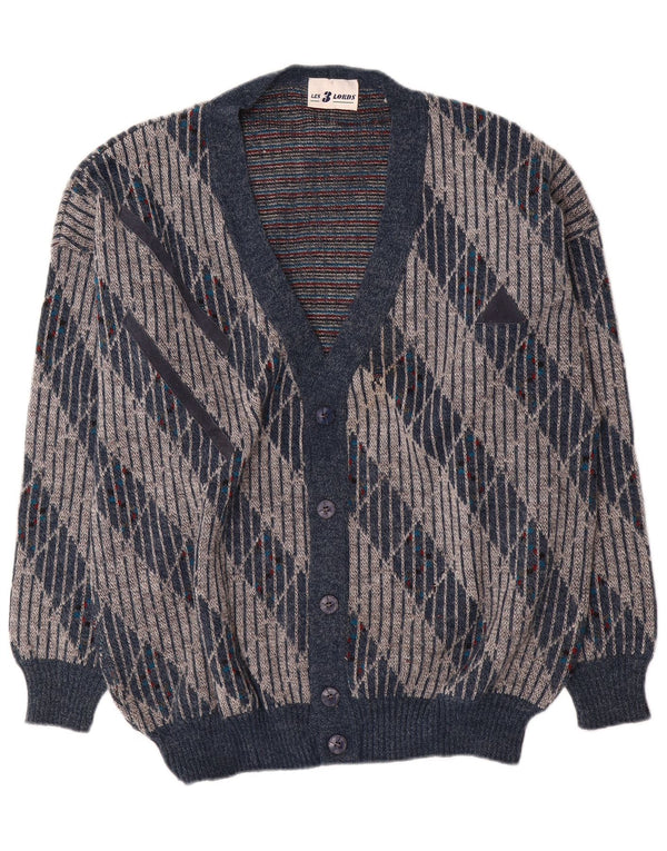 vintage Mens Cardigan Sweater XL Bleu Marine Géométrique Acrylique
