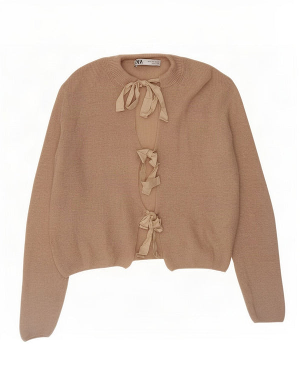 Zara Womens Crop Cardigan Sweater UK 14 Beige Moyen Polyamide