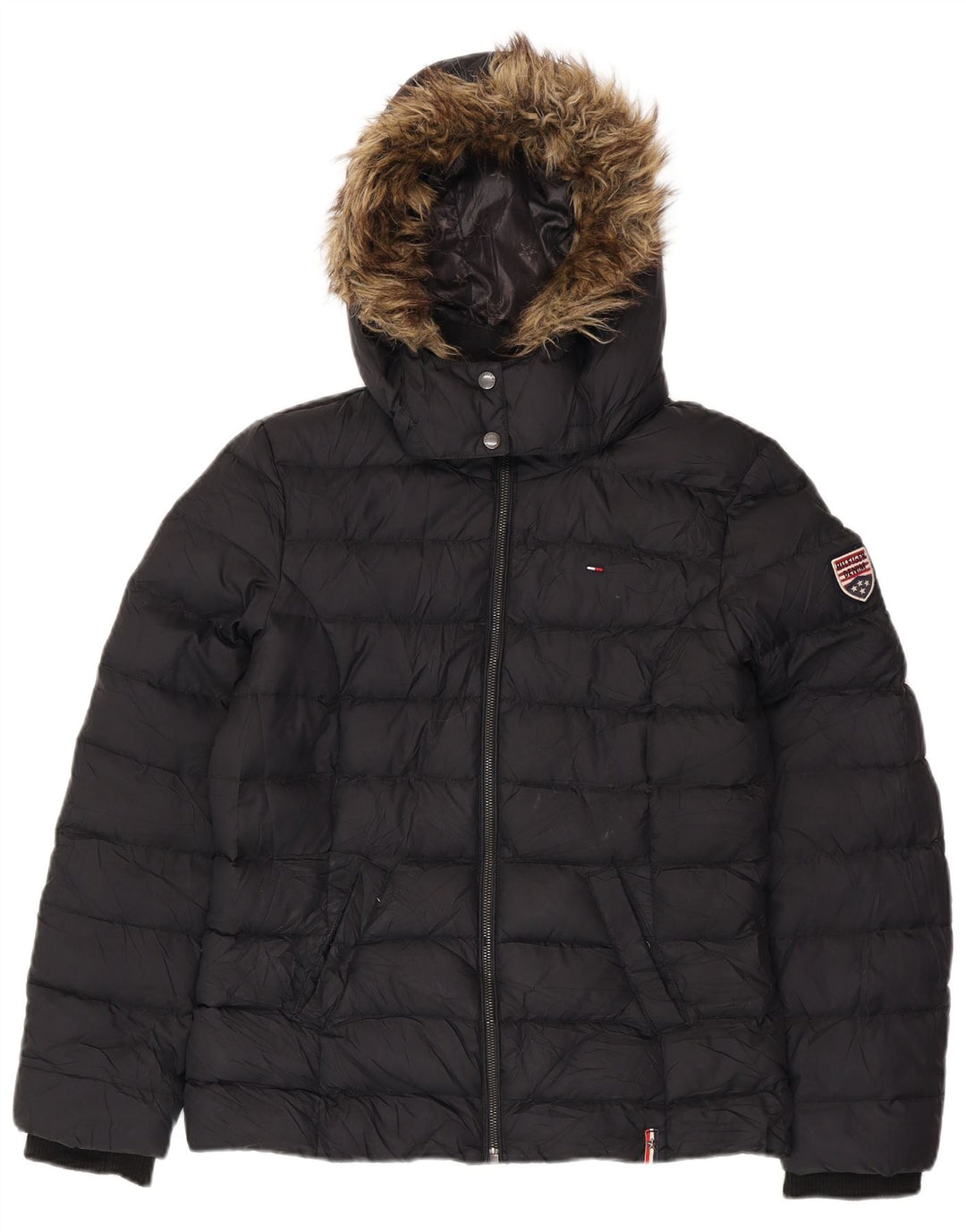 TOMMY HILFIGER Veste matelassée à capuche pour femme UK 16 Large Noir Polyester