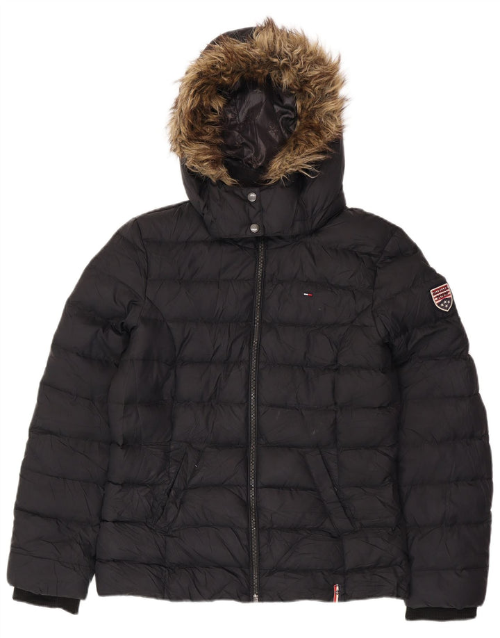 TOMMY HILFIGER Veste matelassée à capuche pour femme UK 16 Large Noir Polyester