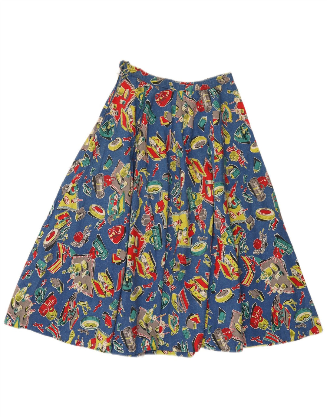 vintage Femmes Motif Abstrait Jupe Évasée Plissée W24 XS Bleu